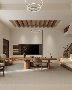 别墅诧寂风轻奢客餐厅效果图表现