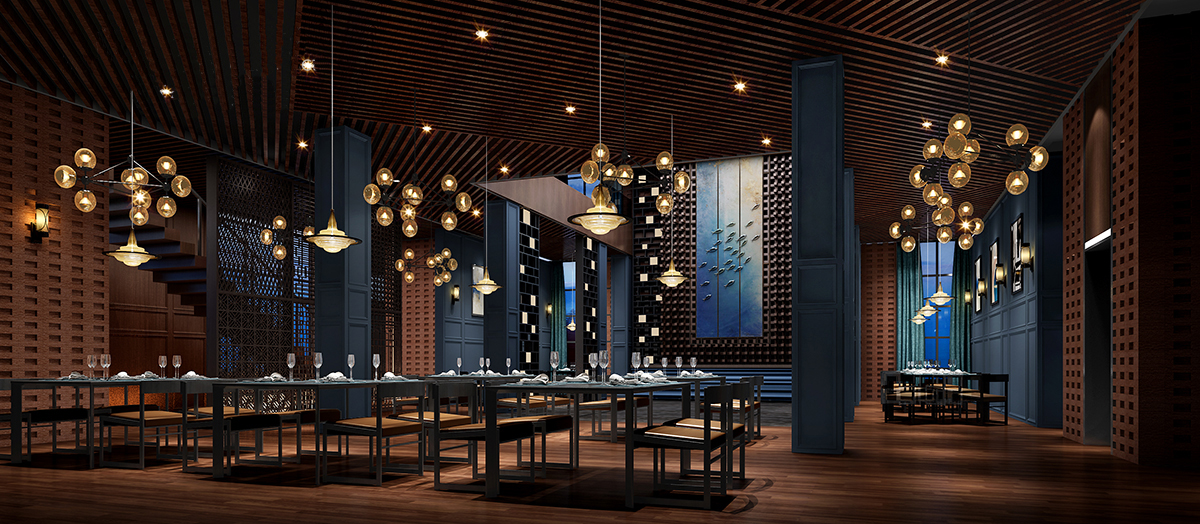 餐厅设计效果图中餐厅餐厅包间包房小吃店面馆工业主题餐厅-6