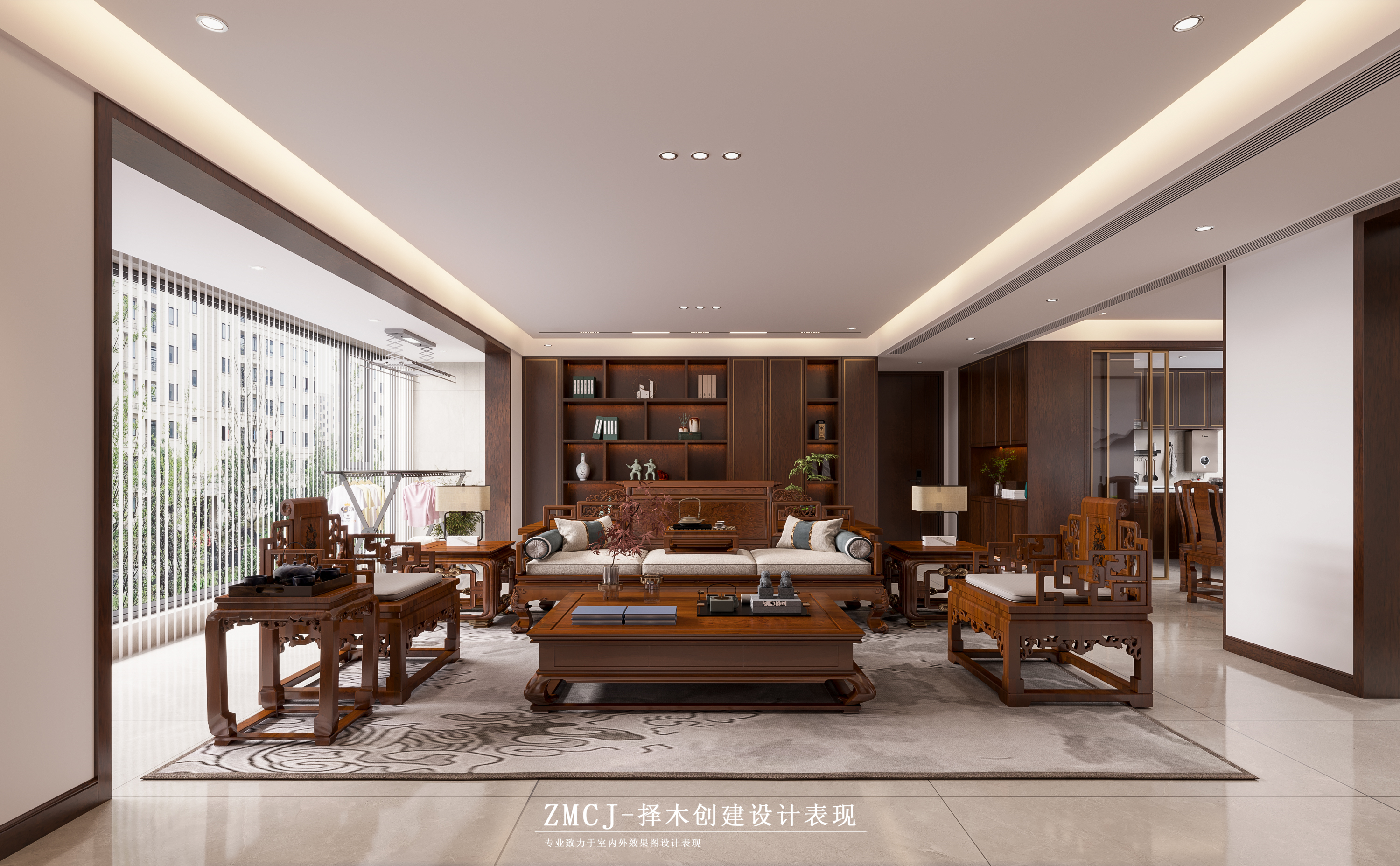 新中式风格客餐厅卧室—择木创建新晨效果图-0