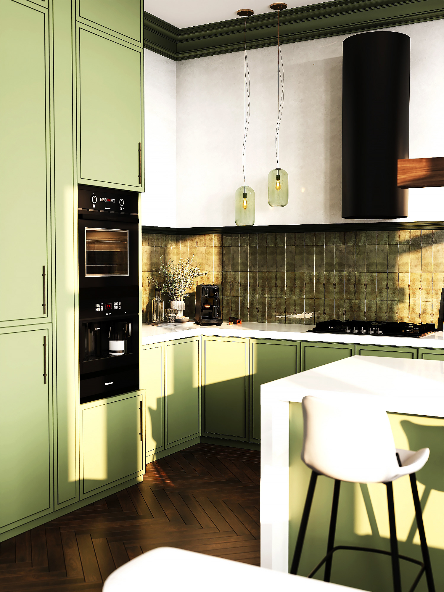 绿色色调的厨房  客厅设计丨AIDESIGN-14