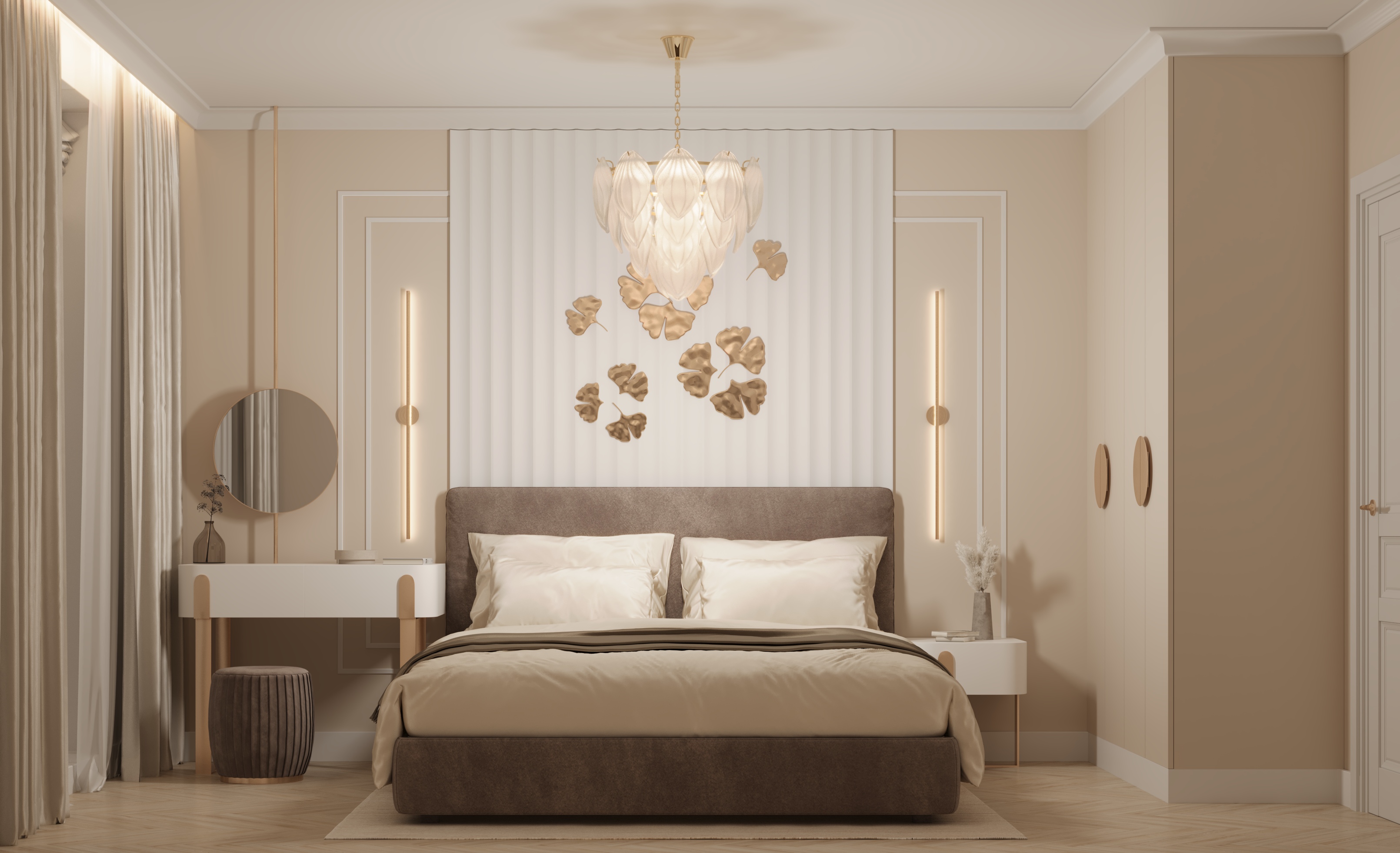 Beige color bedroom with metal decor 3D visualisation-1