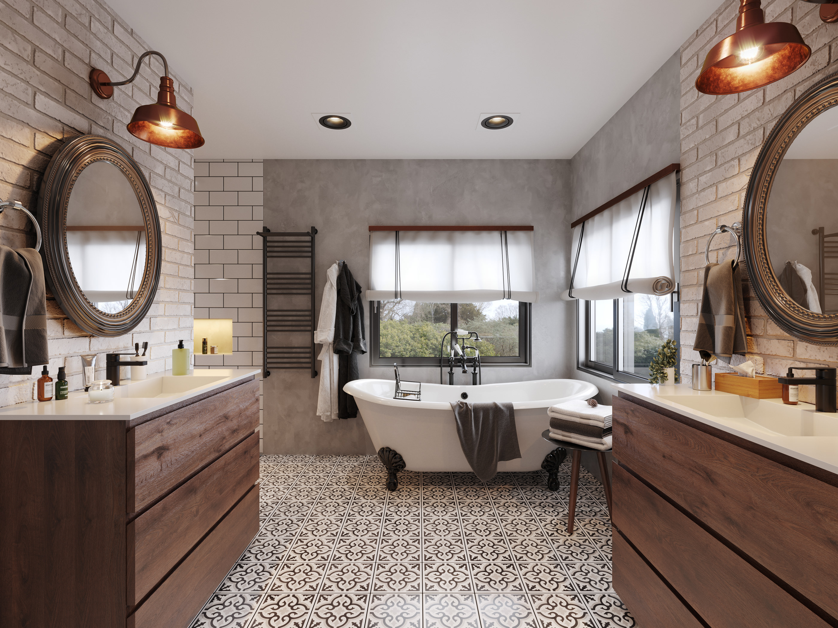 波西米亚卧室与复古工业浴室-5