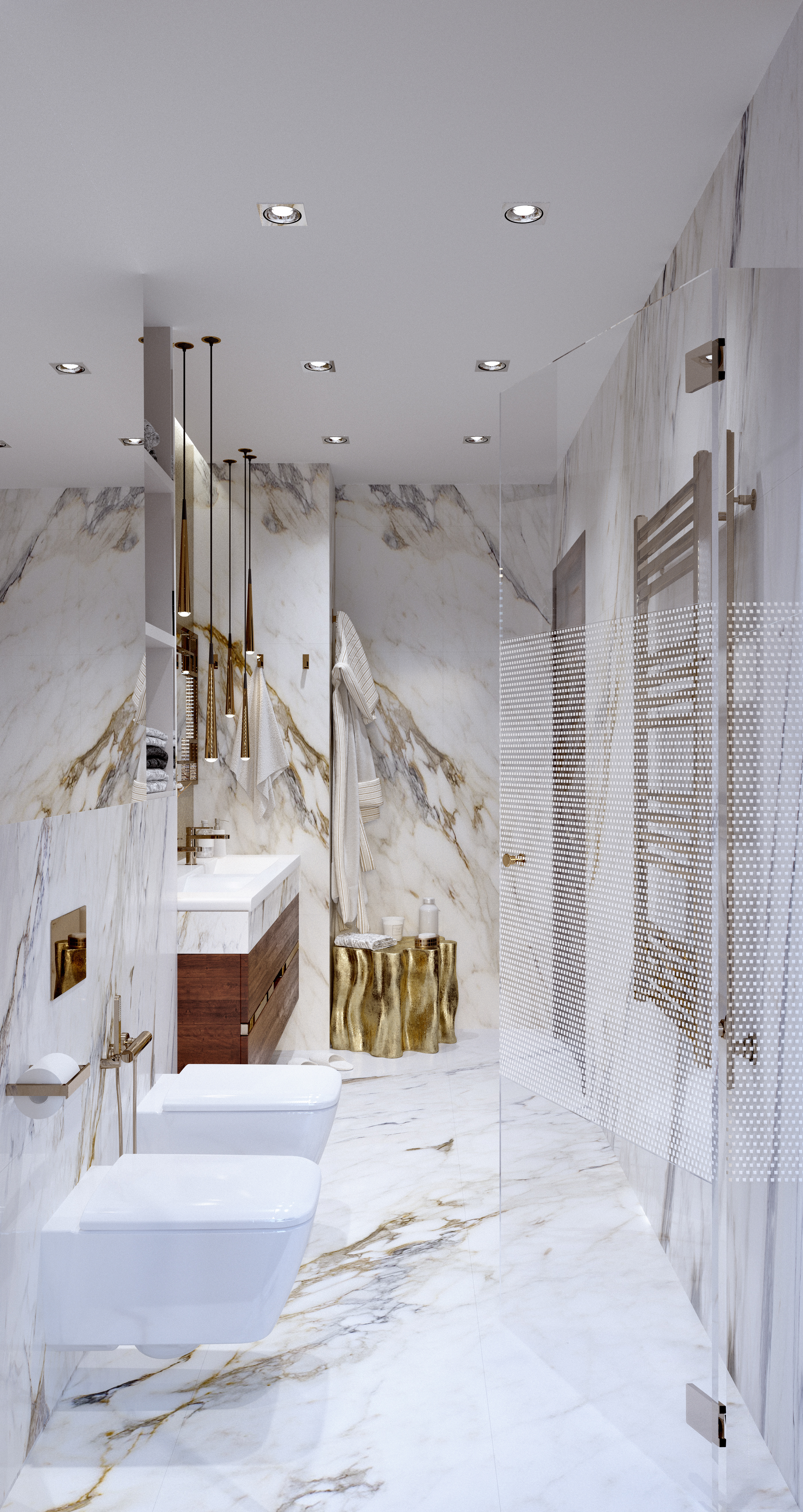 Komarovo 别墅二楼金、银大理石卫生间设计-2
