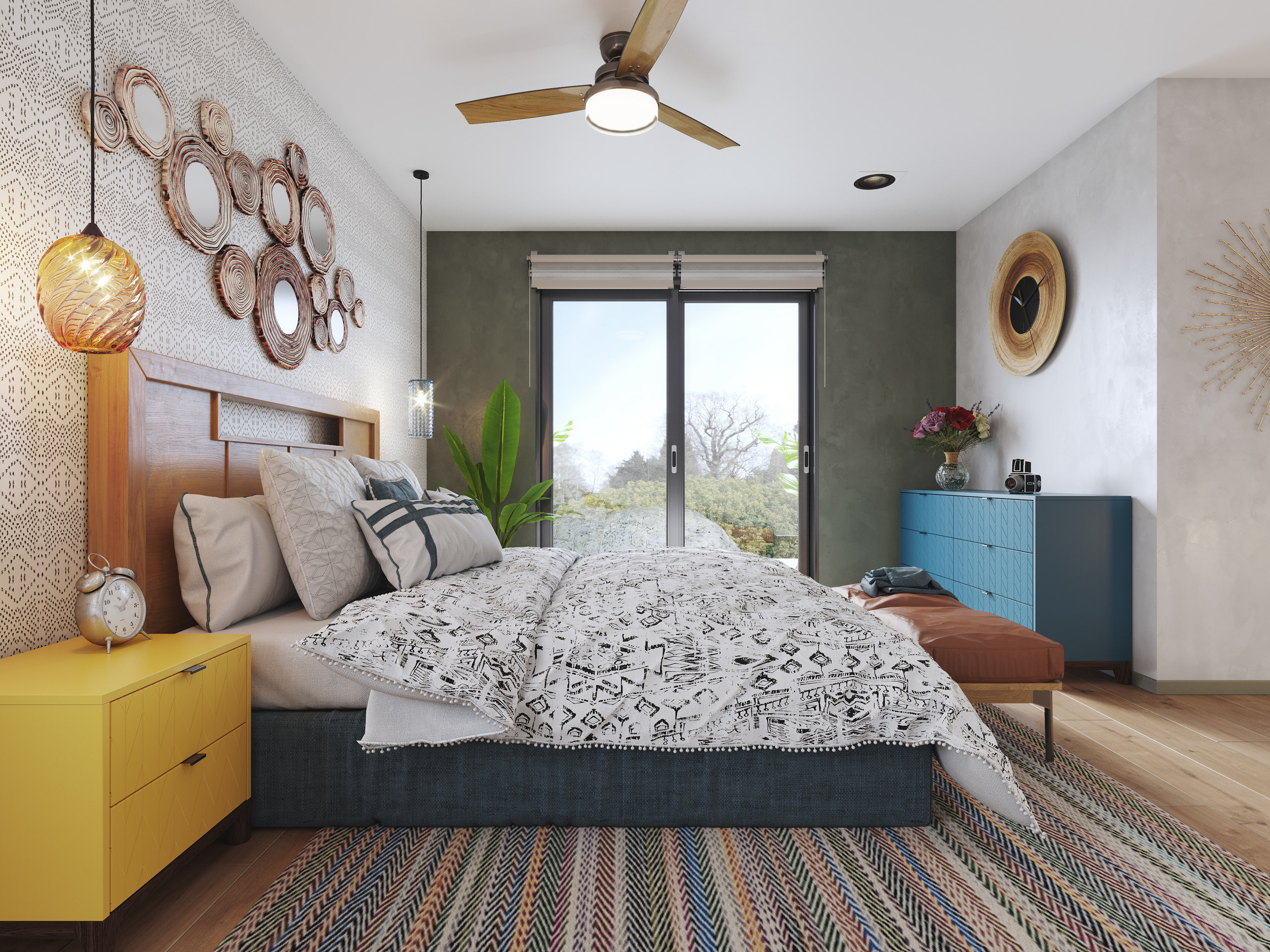 波西米亚卧室与复古工业浴室-1