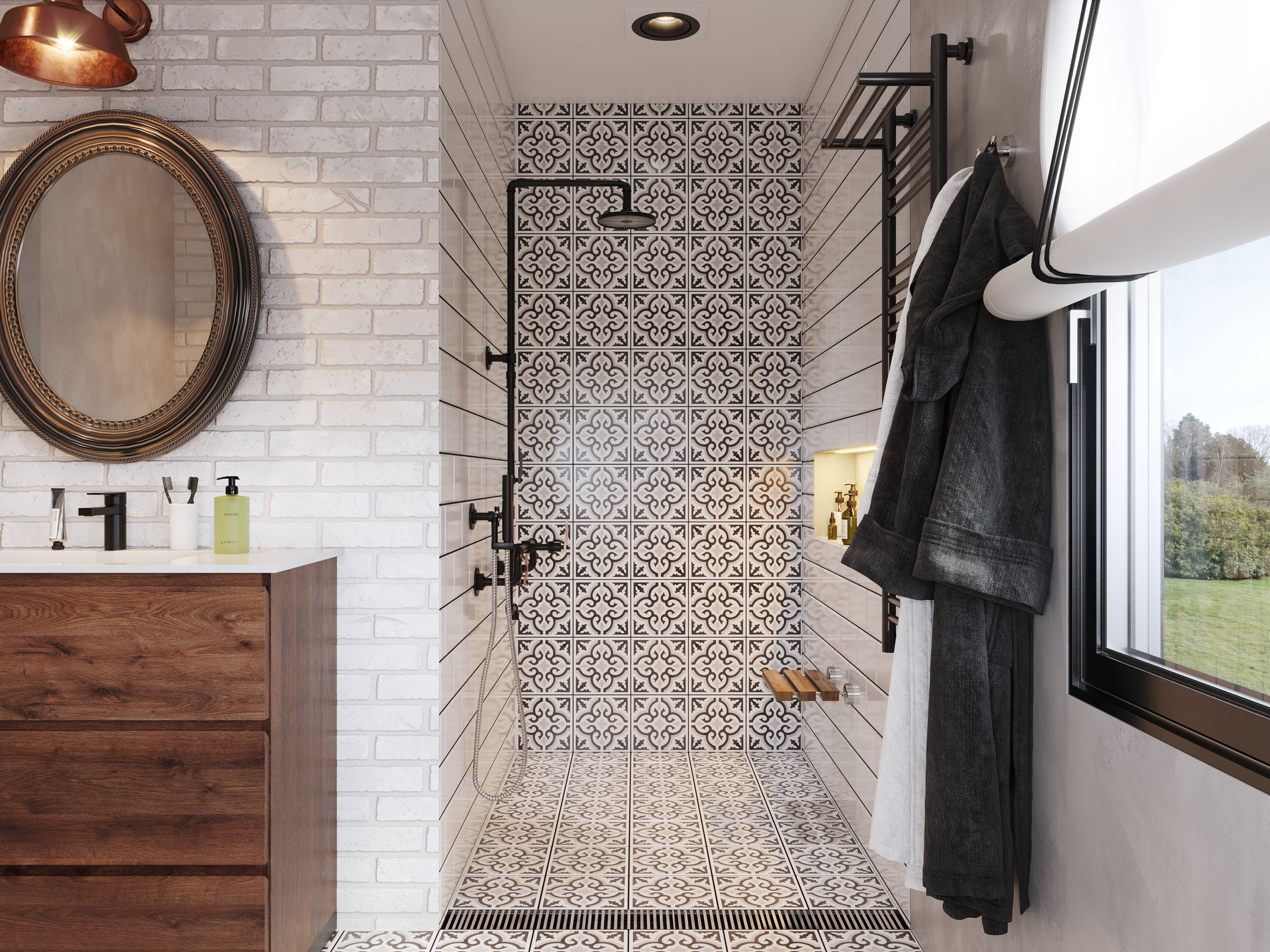 波西米亚卧室与复古工业浴室-7