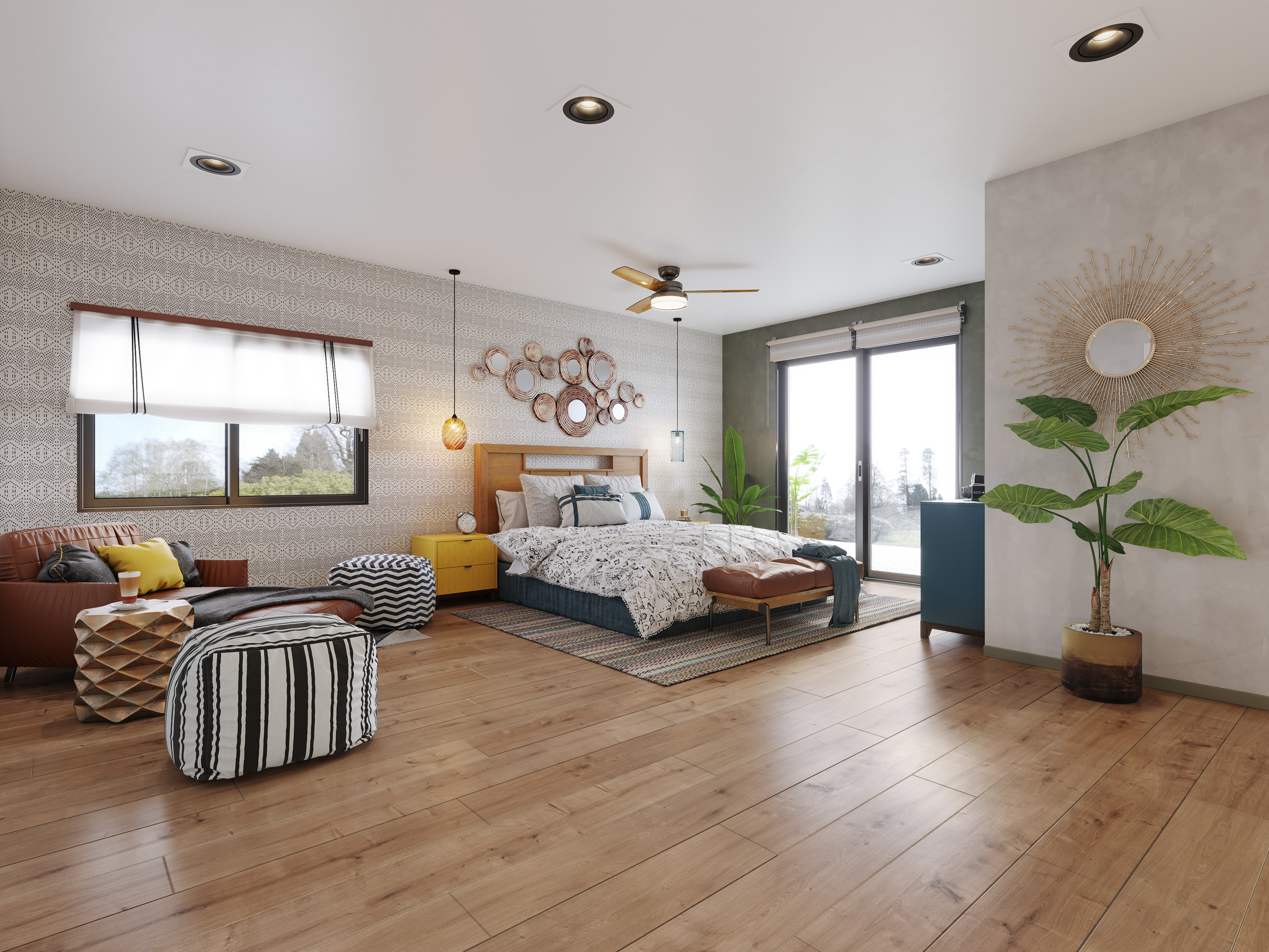 波西米亚卧室与复古工业浴室-0