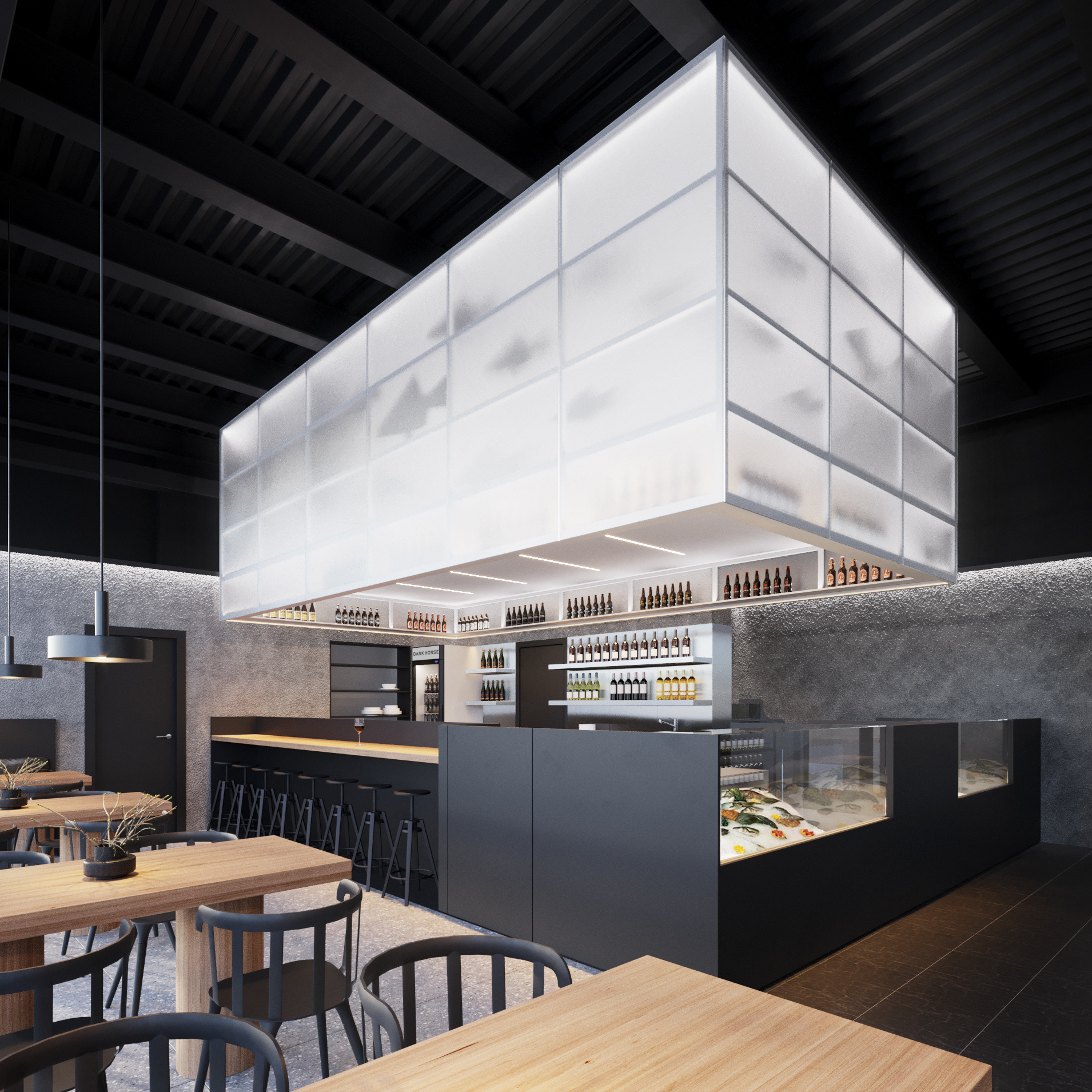 海洋美食餐厅设计 | 黑灰基调的现代海洋风-0